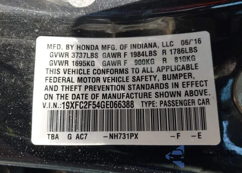 2016 Honda Civic Lx from USA, damaged, VIN 19XFC2F54GE066388